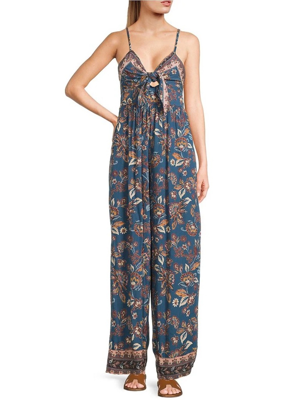 Angie Floral Tie-Front Wide-Leg Jumpsuit in Teal